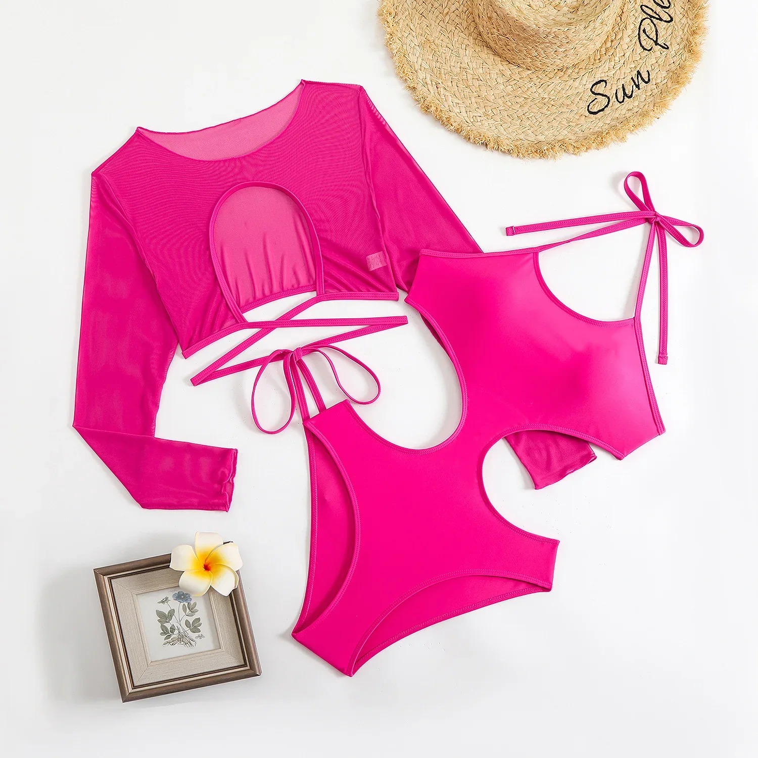 

Pink One Piece Swimsuit with Long Sleeve Shirt Top 2025 Swimwear Women Bathing Suits Summer Beach Wear Monokini Swimming Suit