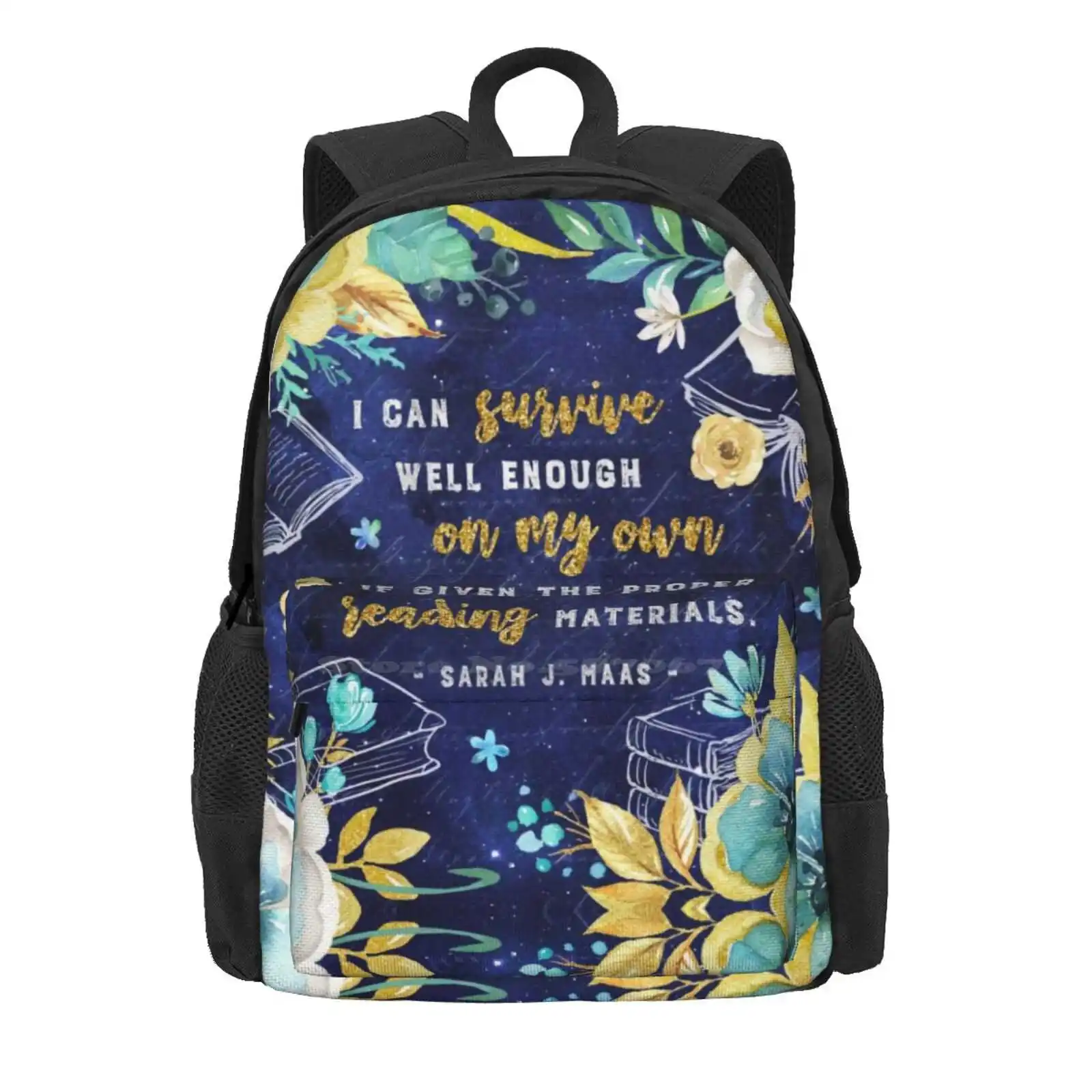 I Can Survive Hot Sale Schoolbag Backpack Fashion Bags Florals Turquoise Teal Flowers Watercolor Gold Fantasy Throne Of Glass