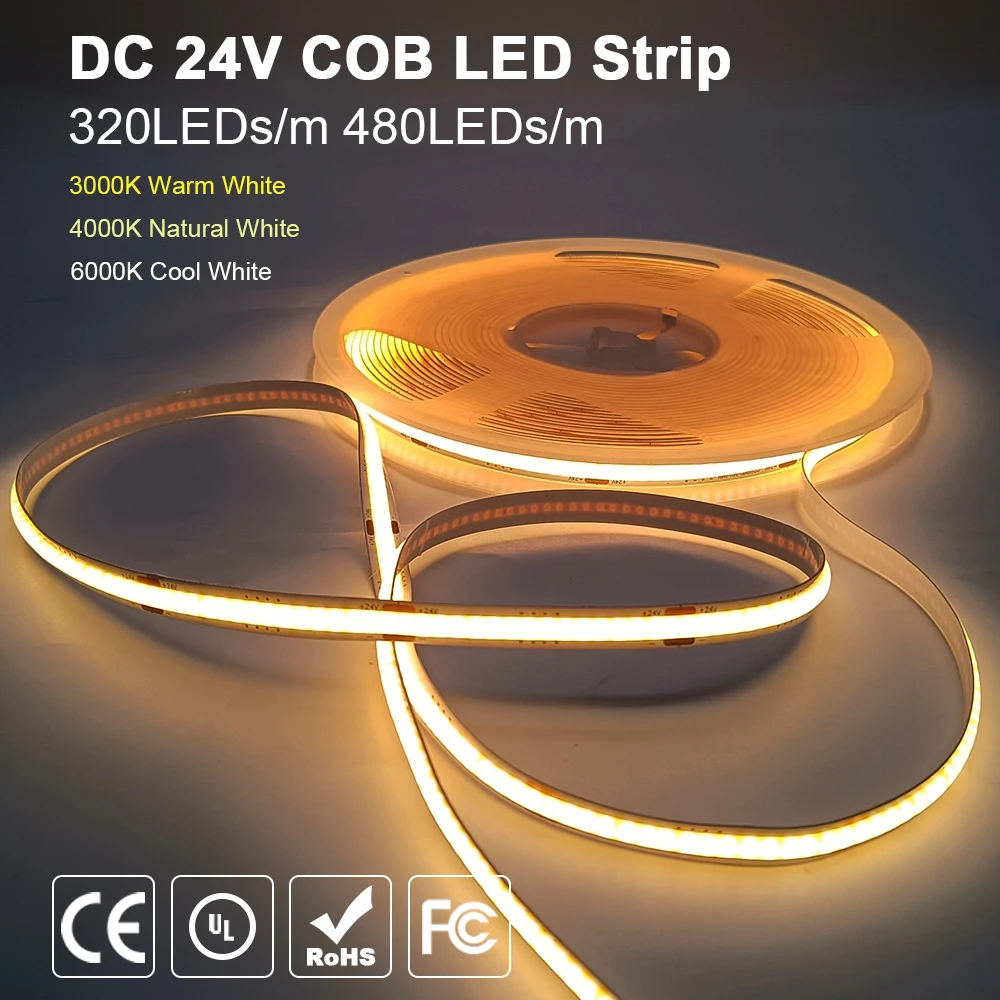 

COB Strip Light 320 480 Leds/M High Density Flexible RA90 8MM Warm Nature Cool White Linear Tape Dimmable DC12V/24V 10M/Roll