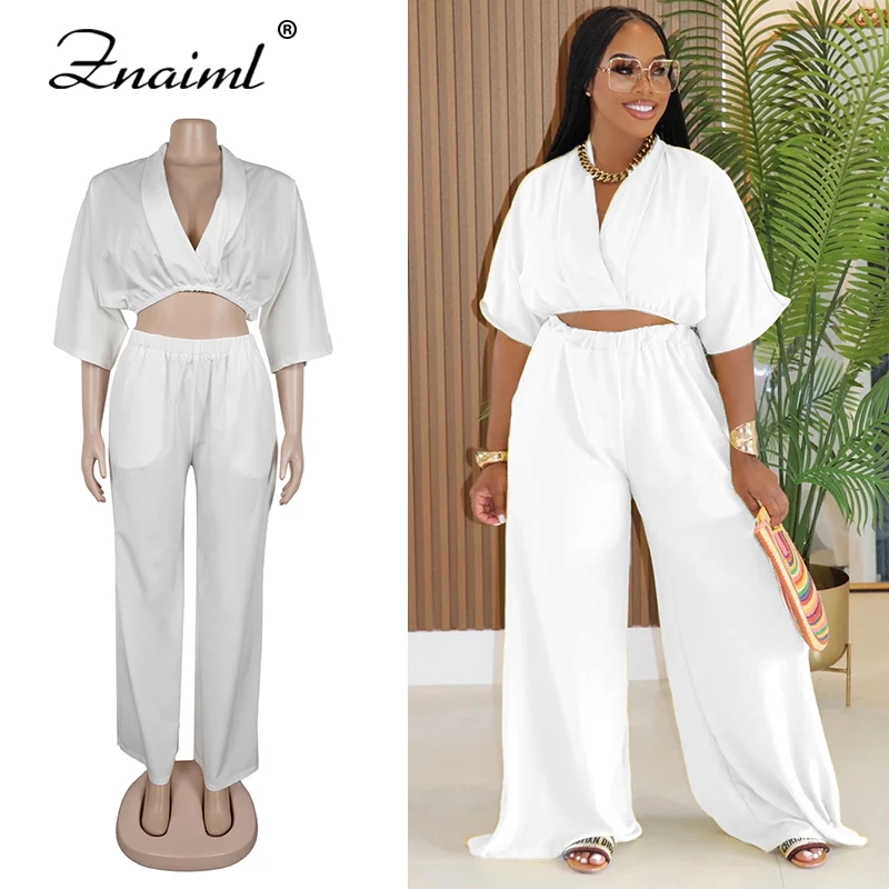 

Znaiml модный женский комплект из 2 предметов, однотонный укороченный топ с v-образным вырезом и широкие брюки, повседневная уличная одежда на осень, свободные спортивные костюмы 2025