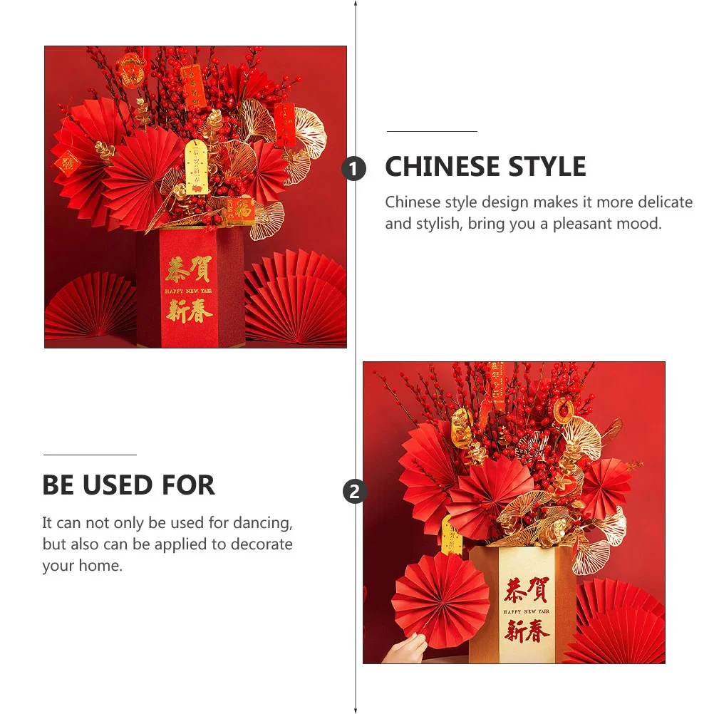 Chinese New Year Photo Props Folding Fan Vintage Decor Decorative Flowers Letter Red Cardboard