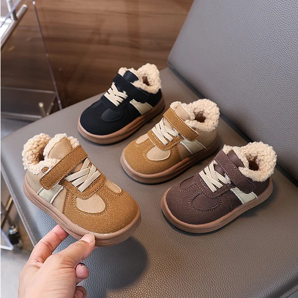 Winter Children's Shoes Warm Plush Girls Versatile Cotton Shoes Fashion Non-slip Patchwork Kids Casual Shoes Simple Hook Loop