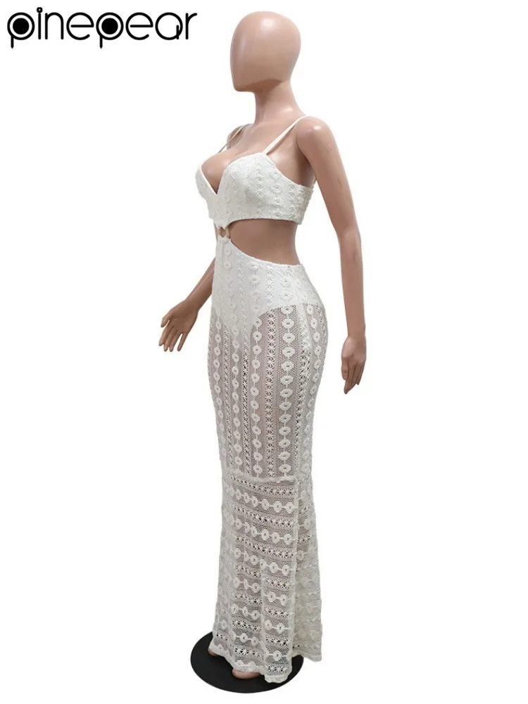 PinePear 2025 夏セクシーな中空アウト女性レースマキシドレスハイウエストカットアウトレース薄手のノースリーブ背中の開いたビーチパーティードレス