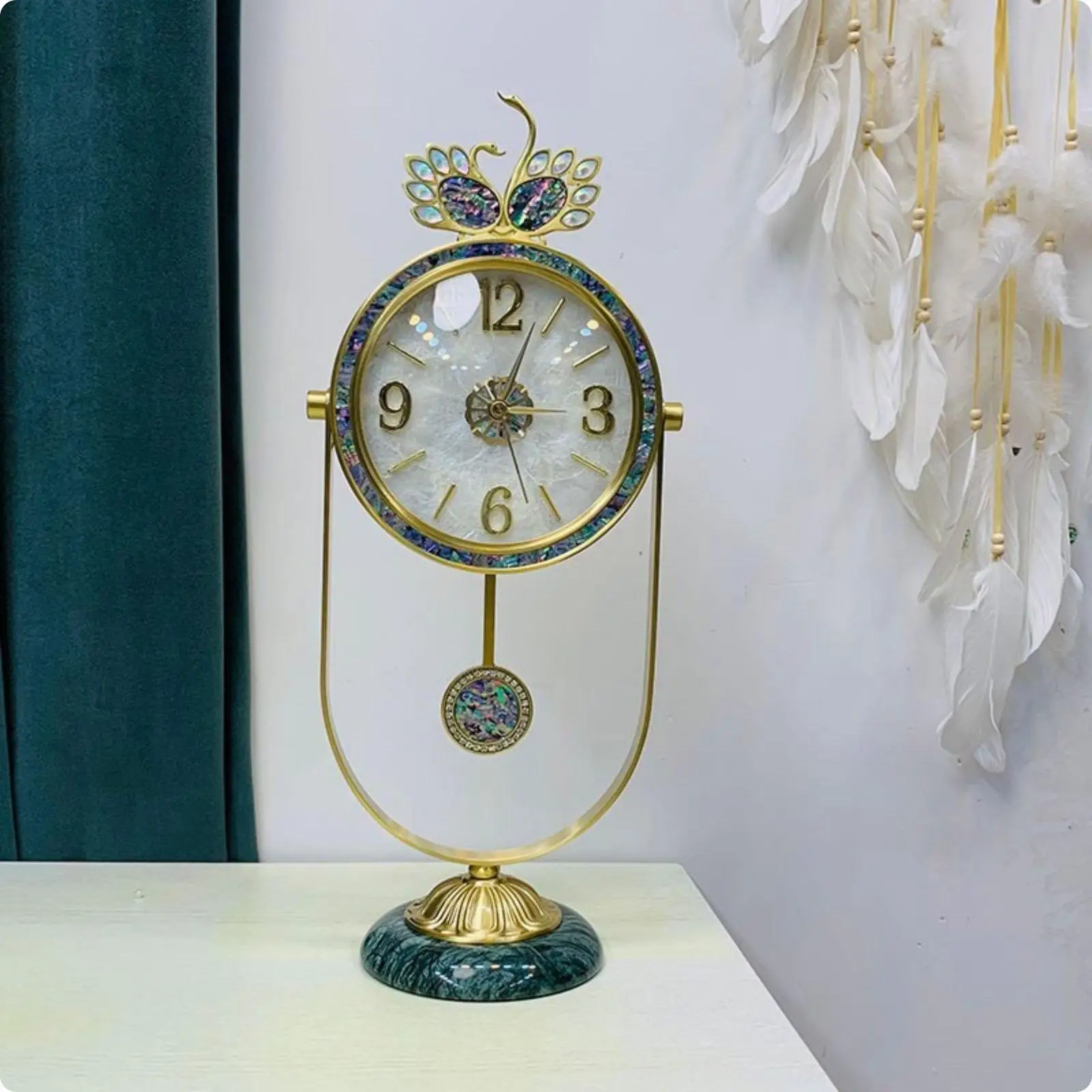 Elegant Ornamental Desk Clock Gold Frame Emerald Base Stylish Marble Decorative Clock for Bedroom Workspace