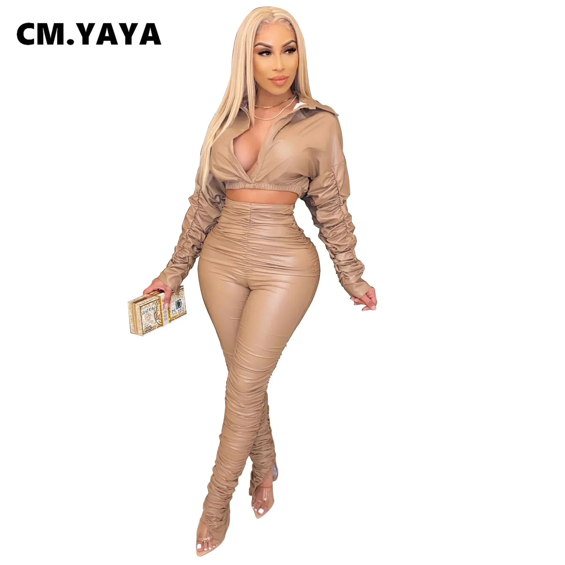 CM.YAYA Faux Leather Two 2 Piece Set for Women Streetwear PU Crop Tops Stacked High Waist Pants Matching Set Tracksuit Outfit