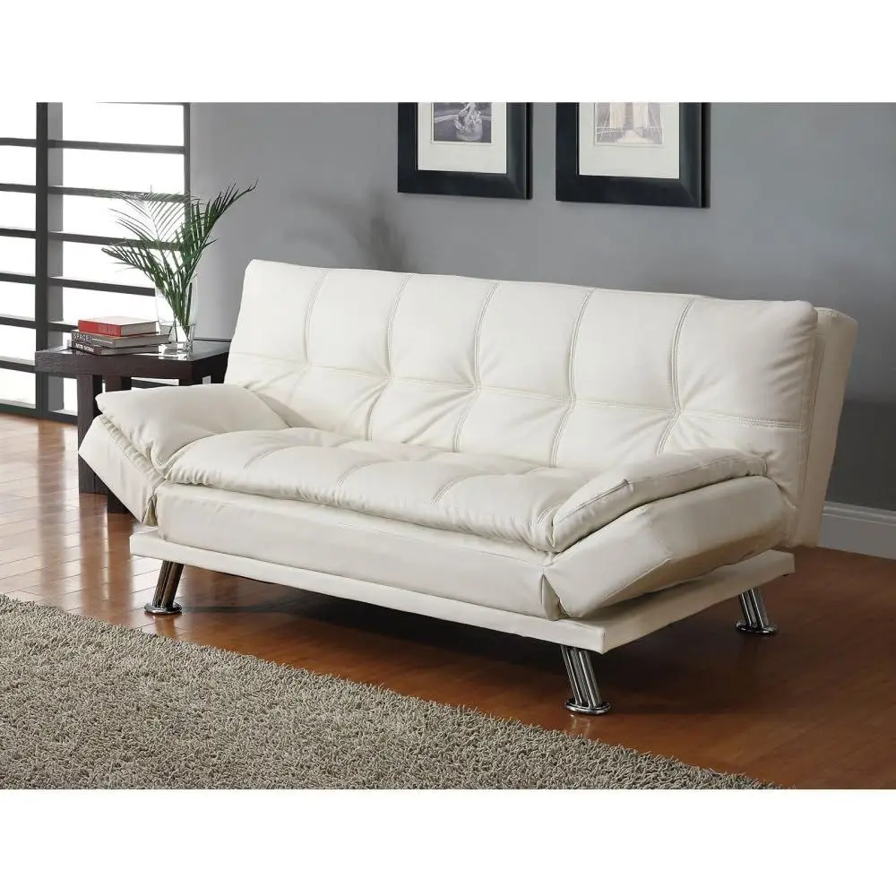 

Leatherette Tuted Convertible Sofa Bed with Adjustable Armrests - Contemporary Living Room Furniture - White