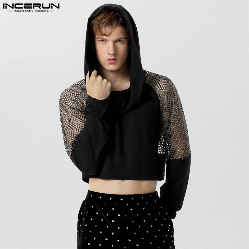 INCERUN 2023 Men Hoodies Mesh Patchwork Hooded Long Sleeve Male Crop Sweatshirts Transparent Streetwear Fashion Casual Pullovers