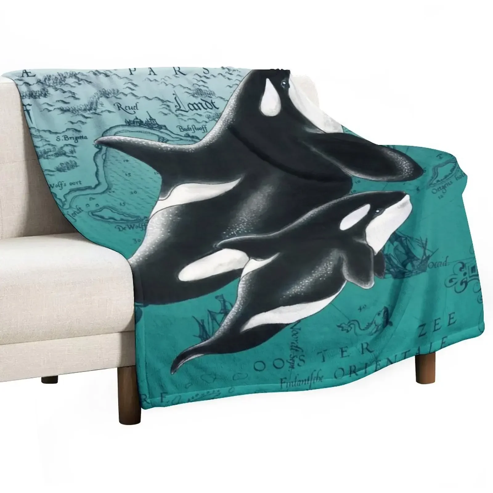 Orca Whales Love Family Yellow Sun Ink Throw Blanket Soft Big Giant Sofa Thermal Flannel Blankets