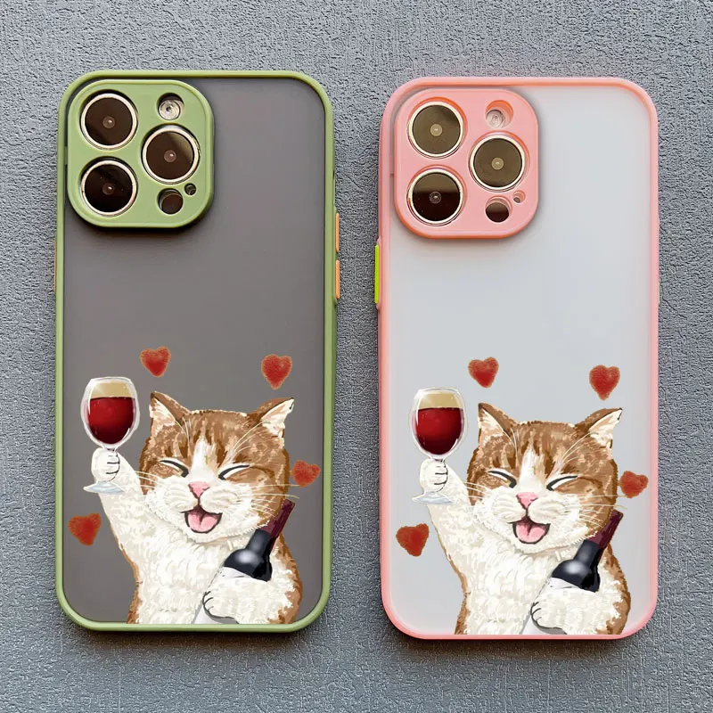 Cute Happy Cat Goblet Red Wine Phone Case For iPhone 15 14 13 Pro Max 16 13 12 11 Pro Max Mini 7 8 15 14 Plus X XS XR Back Cover