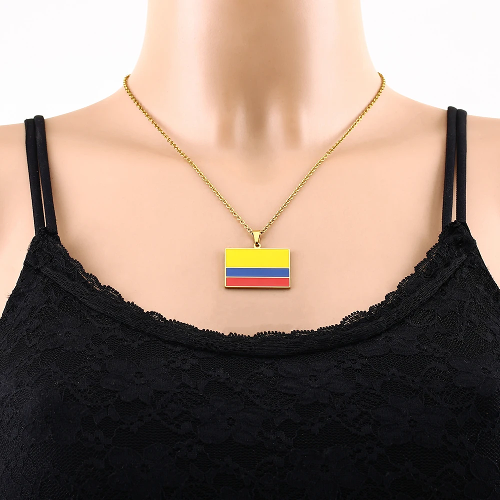 US EU Hot Sale Stainless Steel Square Enamel Colombia Flag Pendant Necklace Unisex Couple Birthday Jewelry Gift Trendy Accessory