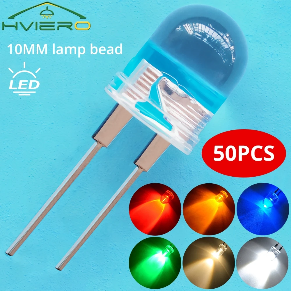 50PCS 10mm Round Led Diode High Brightness Clear Lens Warm White Green Blue Signage Decoration Advertising Lamp Neon Bead Bulb