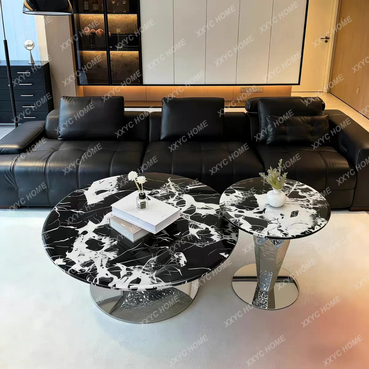 Water ripple Rubik's cube light luxury stainless steel round natural marble coffee table side table combination