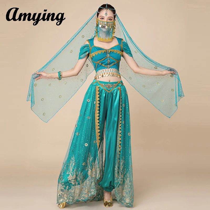 Ensemble de robe de princesse Jasmine pour femmes adultes, danse du ventre, costume de scène, robe d'entraînement, vêtements de jeu de plis Aladdin