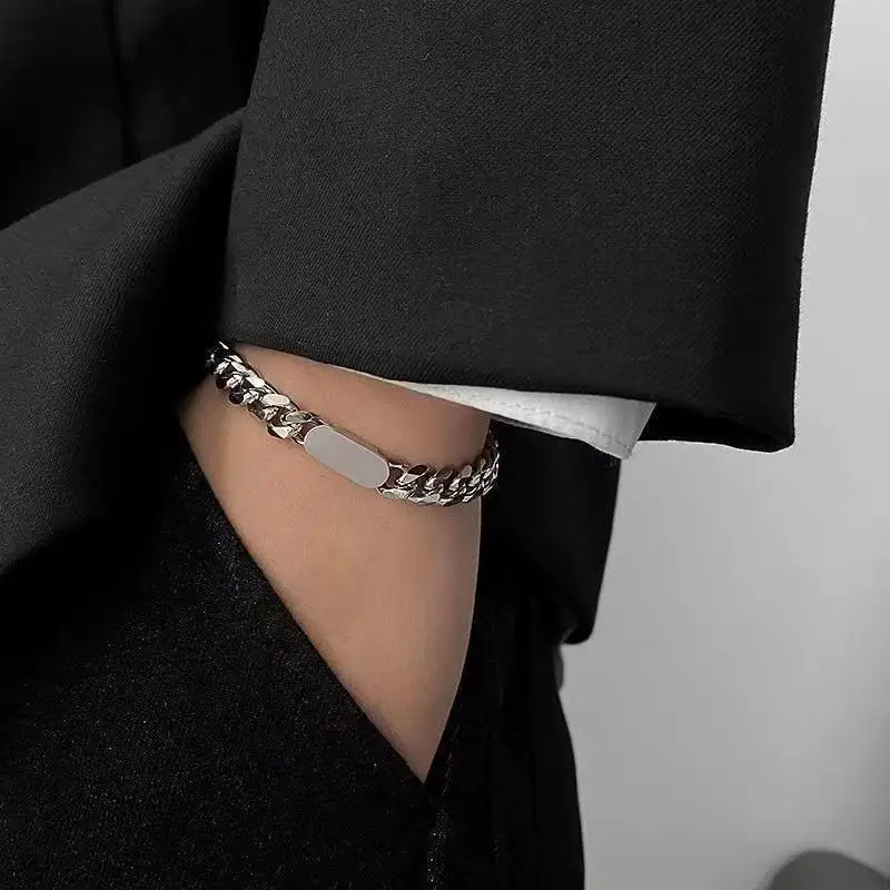 Fashionably Simple Stainless Steel Cuban Chain Bracelet Polished Bar Adjustable Extender For Daily Wear Men Women Couple Gift