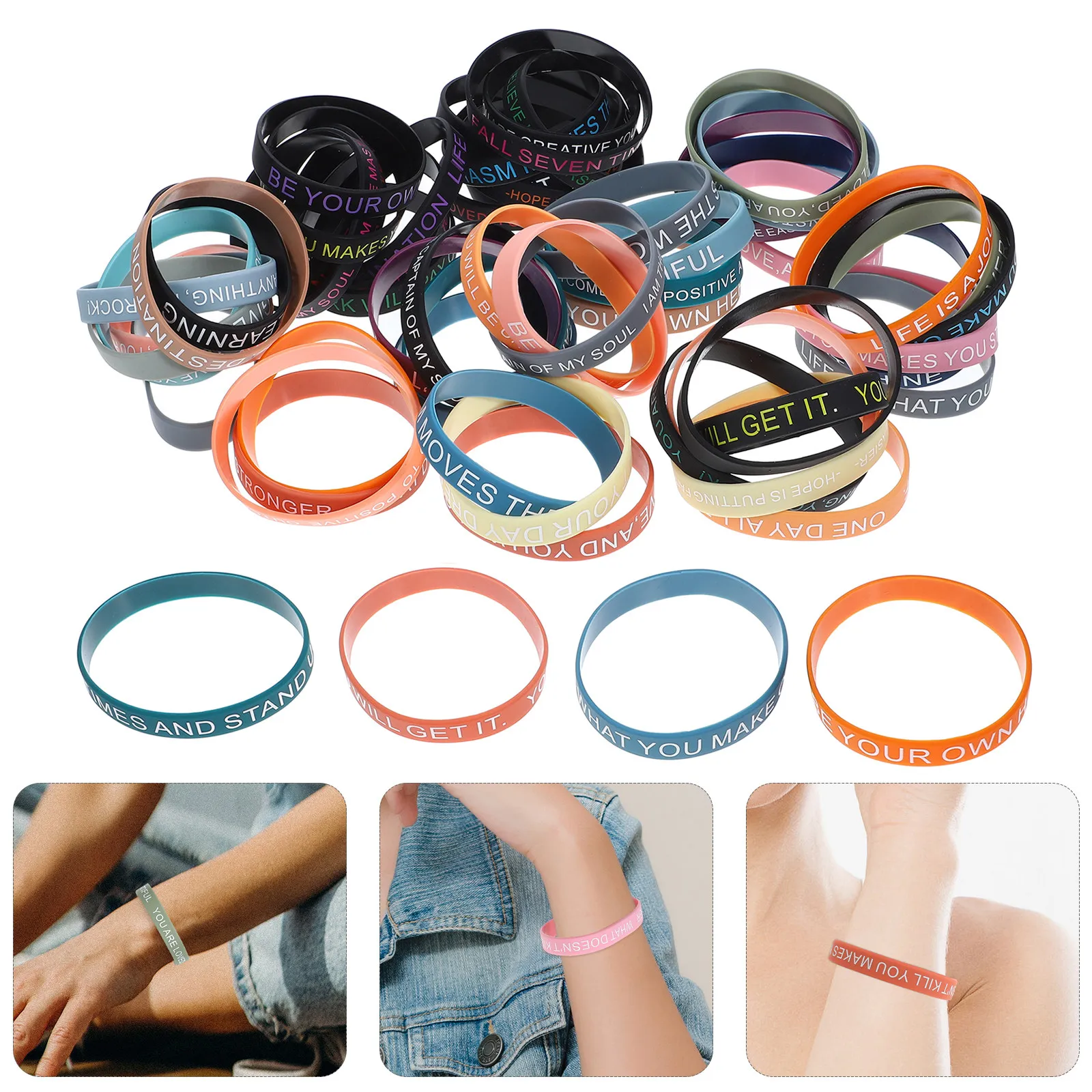 

100Pcs Inspirational Silicone Bracelets Motivational Quote Wristbands for Teens Unisex Elastic Colored Bands Positive Mindset