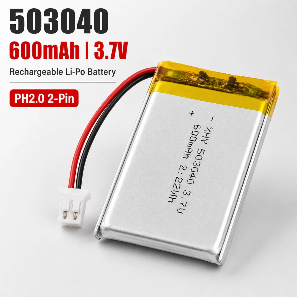 503040 600mAh 3.7V Li-Po Wiederaufladbare Batterie PH2.0 2-Pin-Stecker Lithium-Polymer Ersatzbatterie für GPS-Lautsprecher DIY-Elektronik