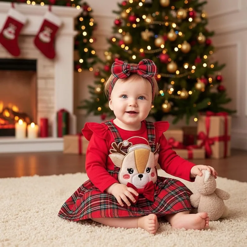 Baby Girl Christmas Romper Set - 3Pcs Suspenders Skirt & Headband for Holiday Photos & Parties.크리스마스 아기옷 ropa bebe niña 아기 겨울옷