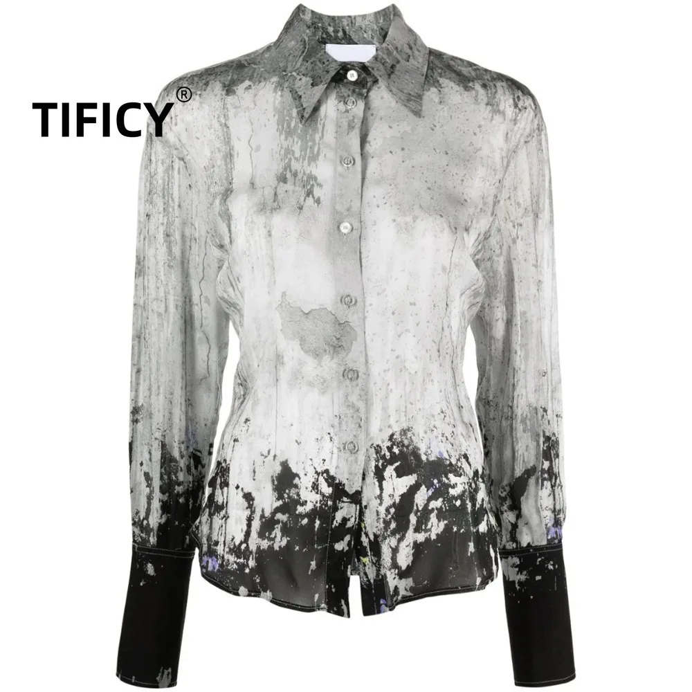 

High Street Shirts Women's Abstract Positioning Printed Pointed Collar Semi Transparent Design Long Sleeved Shirt Top