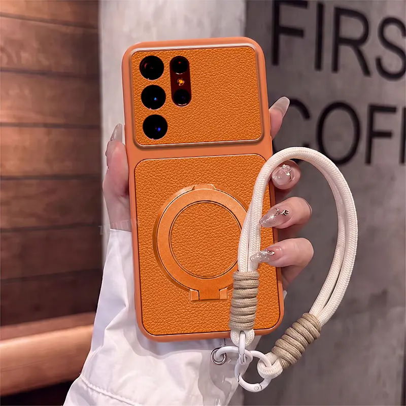 Fashion Woven Lanyard Leather Phone Holder Case On For Samsung Galaxy S21 S22 S23 S24 S25 S26 Fe Ultra Plus + Edge 5G Back Cover