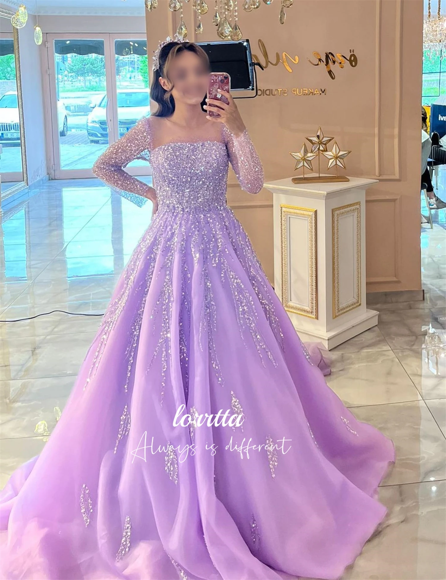 Lorrtta Long Sleeves Luxurious Shiny Beaded Fabric Grace Wedding Party Evening Dress Dresses for Special Events Ball Gowns Prom