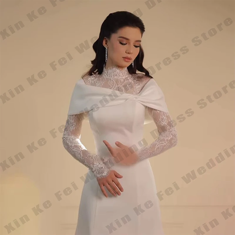 Vestidos de novia de sirena de encaje de cuello alto, apliques musulmanes de corte en A, vestidos de novia de manga larga, vestido de novia de princesa, bata personalizada