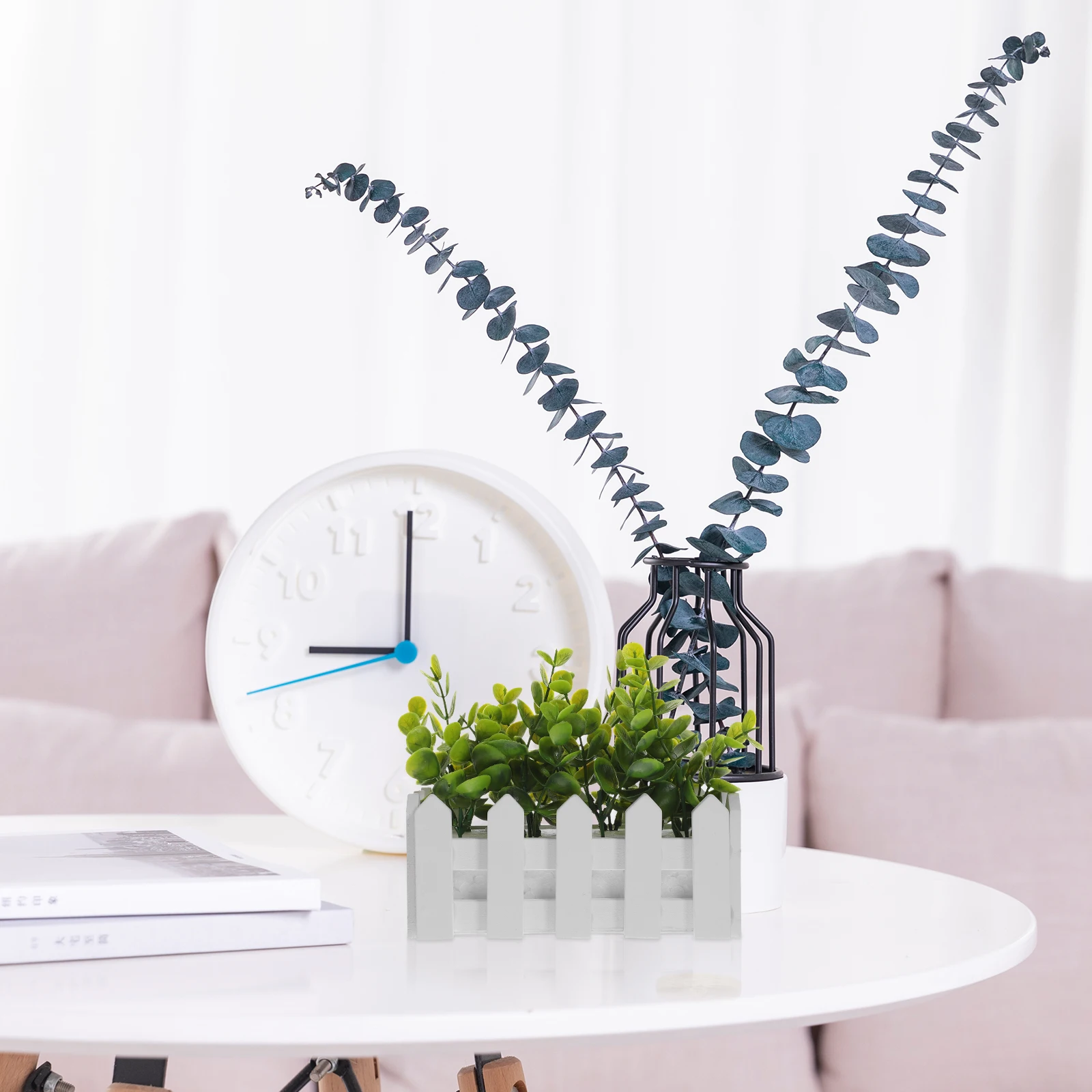 

3PCS Artificial Eucalyptus Fake Plants Wooden Fence Mini Fences for Home Decor Desktop Bookshelf Greenery Fake Plant Decor