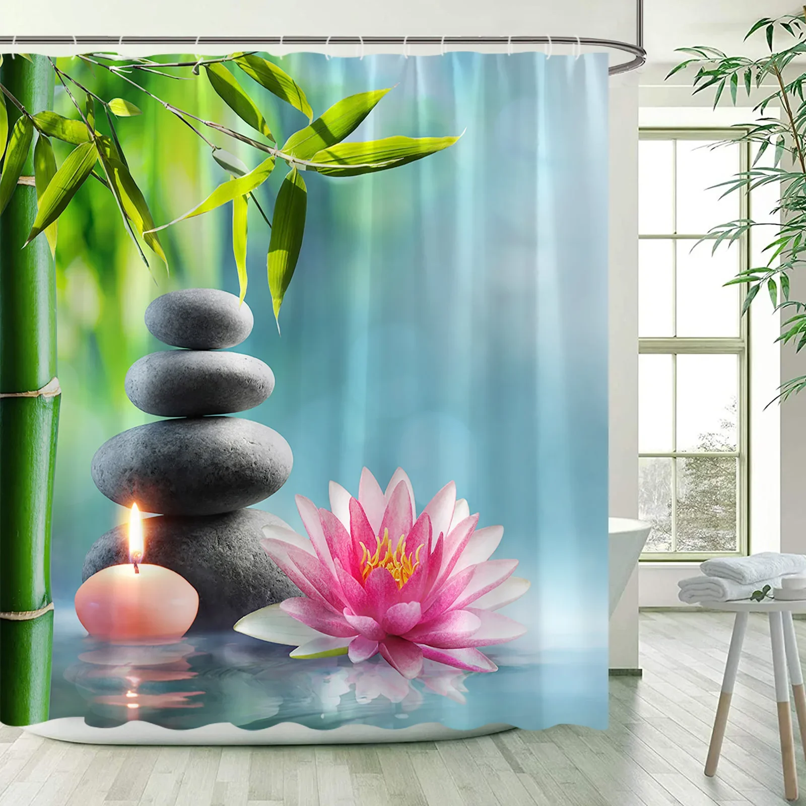 Green Bamboo Zen Shower Curtains Set, Spa Stones and Orchids Flowers Polyester Fabric Bath Curtain with Hooks Bathroom Decor