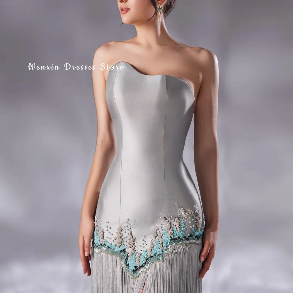Silver Satin and Tassel Evening Dress Customized Strapless Sleeveless Celebrity Gowns Luxury Pearls Formal Occasion Gowns image 6