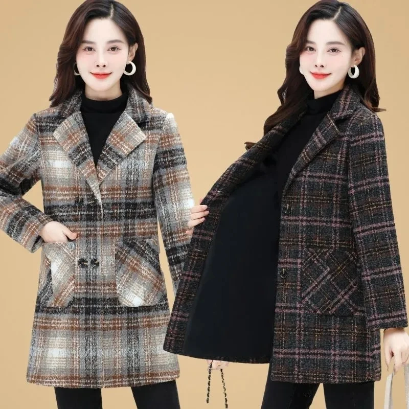 Women\'s Wool Coat Fashion Autumn Winter Plaid Jacket Korean Style Slim Double Breasted Woolen Blended Outerwear Tops Female