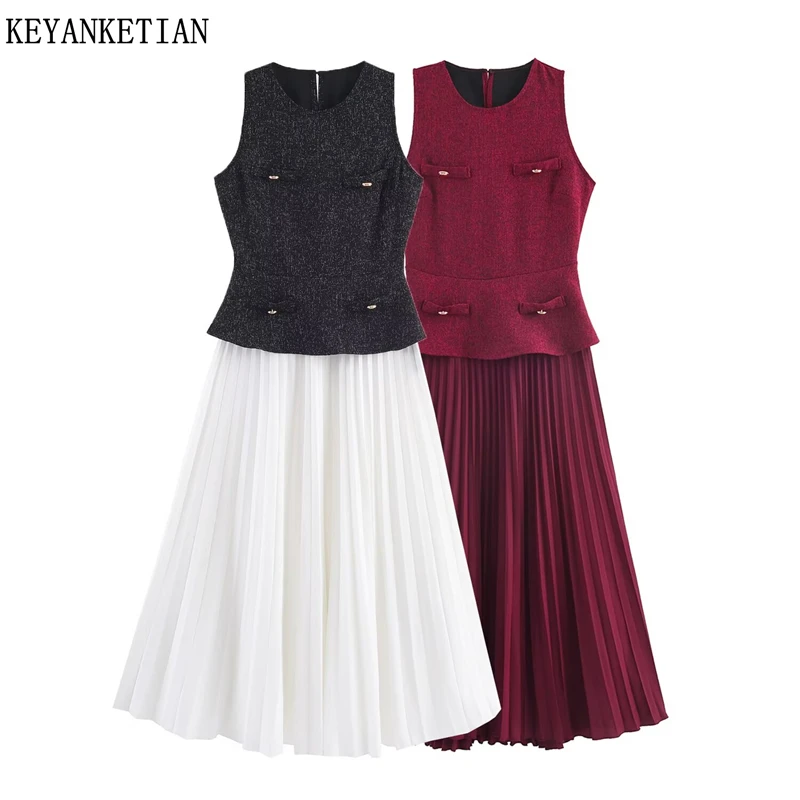 

KEYANKETIAN 2026 ring New Women's Chiffon Patchwork Tweed Sleeveless MIDI Dress Retro style Back Zipper A Line Pleated Dresses