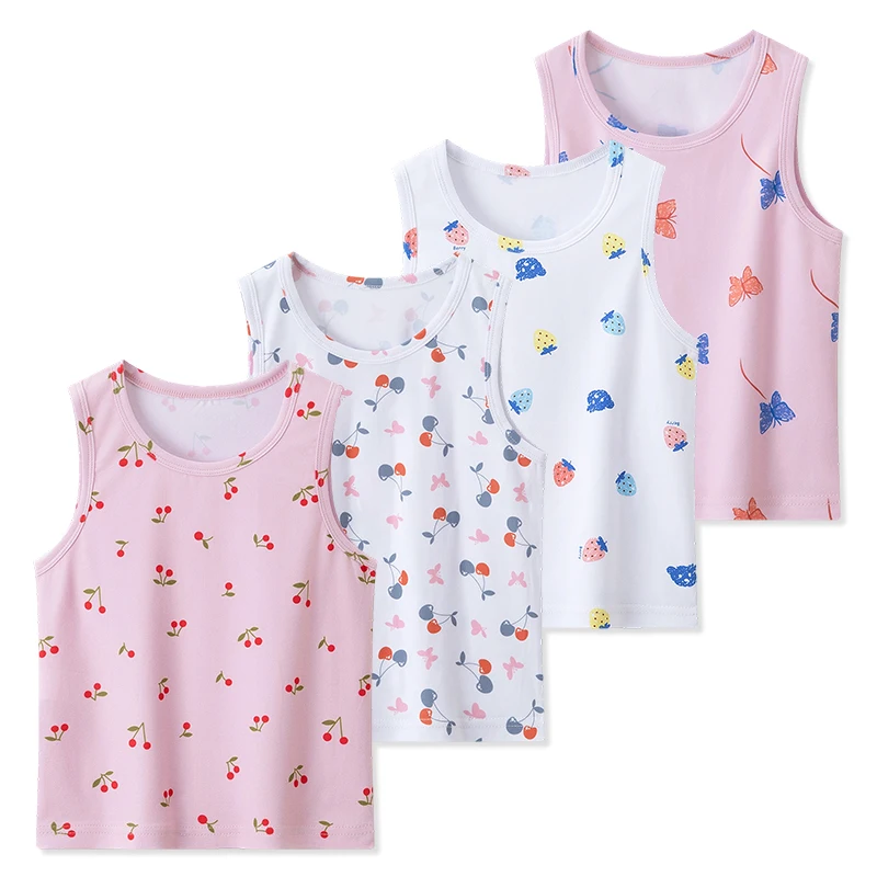 4-Piece Set of Four Season Girls' Cute Printed Multi-Color Combination Vest Sweet Sleeveless T-Shirt for Little Girls Casual Top