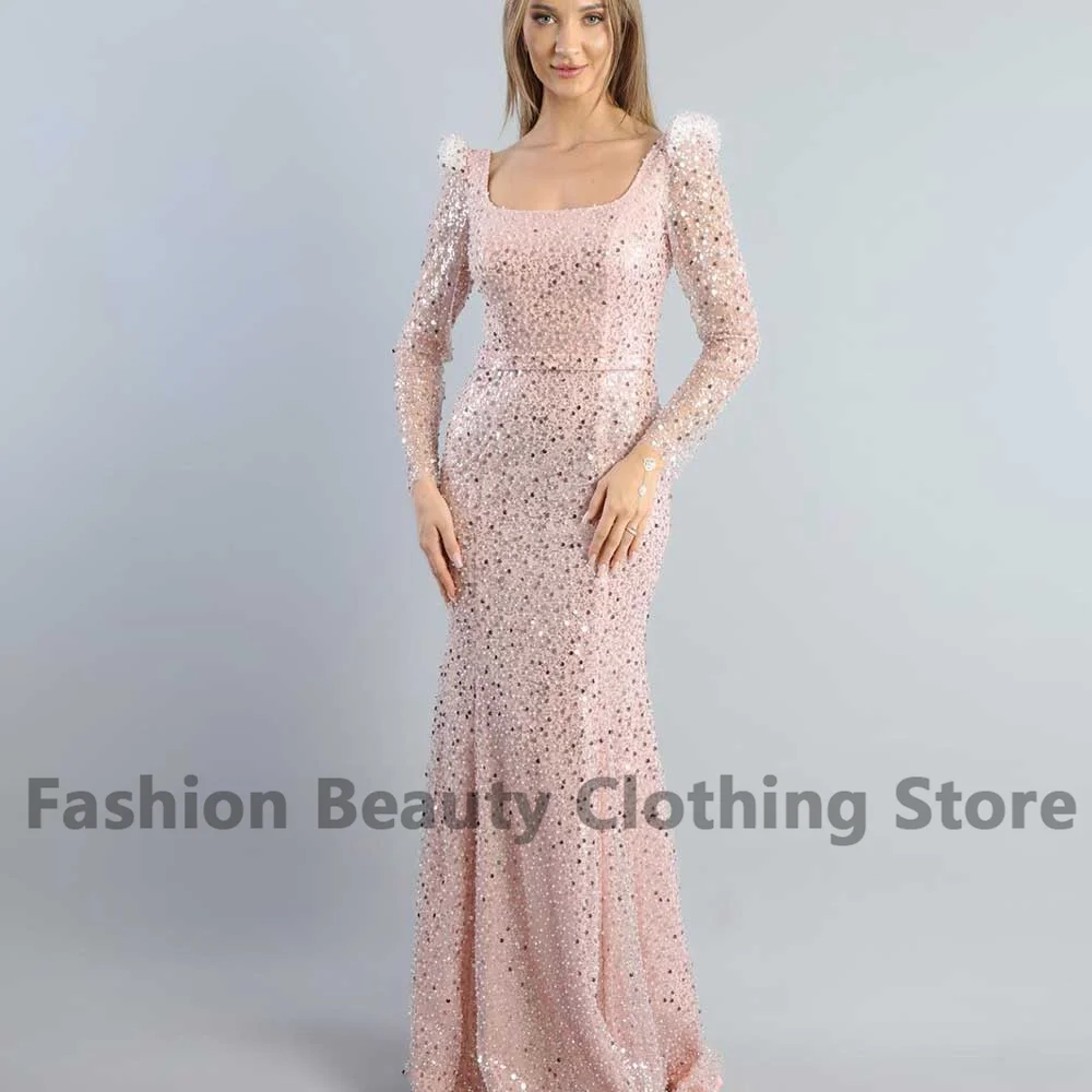 Vestido de noite sereia lantejoulas feminino, manga comprida, zíper sem costas, gola quadrada, plissada, rosa, elegante, vestidos de baile