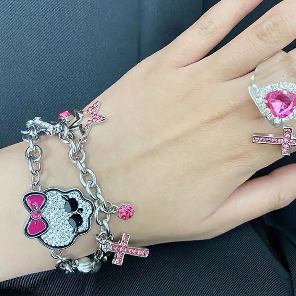 Harong Halloween Skeleton Bracelet Fashion Punk Gothic Cute Pink Bow-Knot Skeleton Woman Jewelry New Year\'s Gift