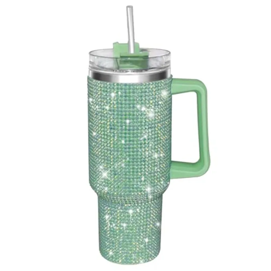 

40oz Tumbler with Handle-Glitter Rhinestones Tumbler Bling Cups Stainless Steel Water Bottle Diamond Studded Tumbler for Women-