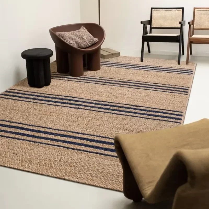 Natural Eco-friendly Hand-woven Organic Jute Carpet Vintage French Style Living Room Bedroom Large House High-end Striped