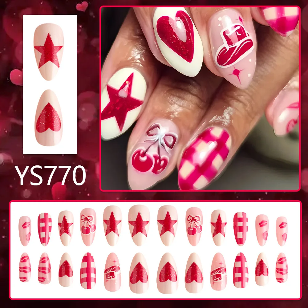 24 قطعة عيد الحب وهمية مسمار نصائح الأحمر القلب ستار الكرز طباعة اضغط على الأظافر يمكن ارتداؤها فتاة حلوة Ins اللوز الأظافر كاذبة #2
