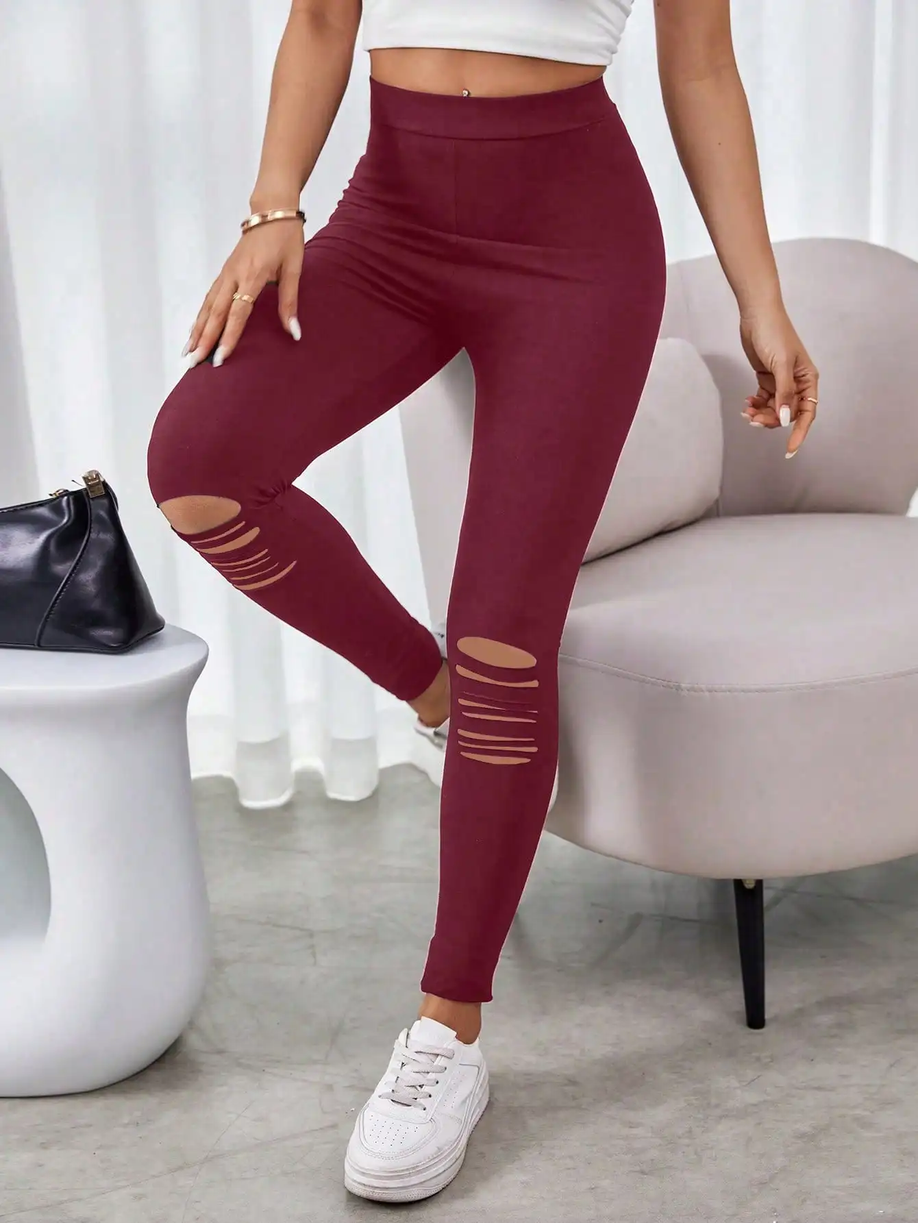 Schöne modische, lässige, gestrickte Damen-Leggings für Frühling und Sommer mit hohlem Loch