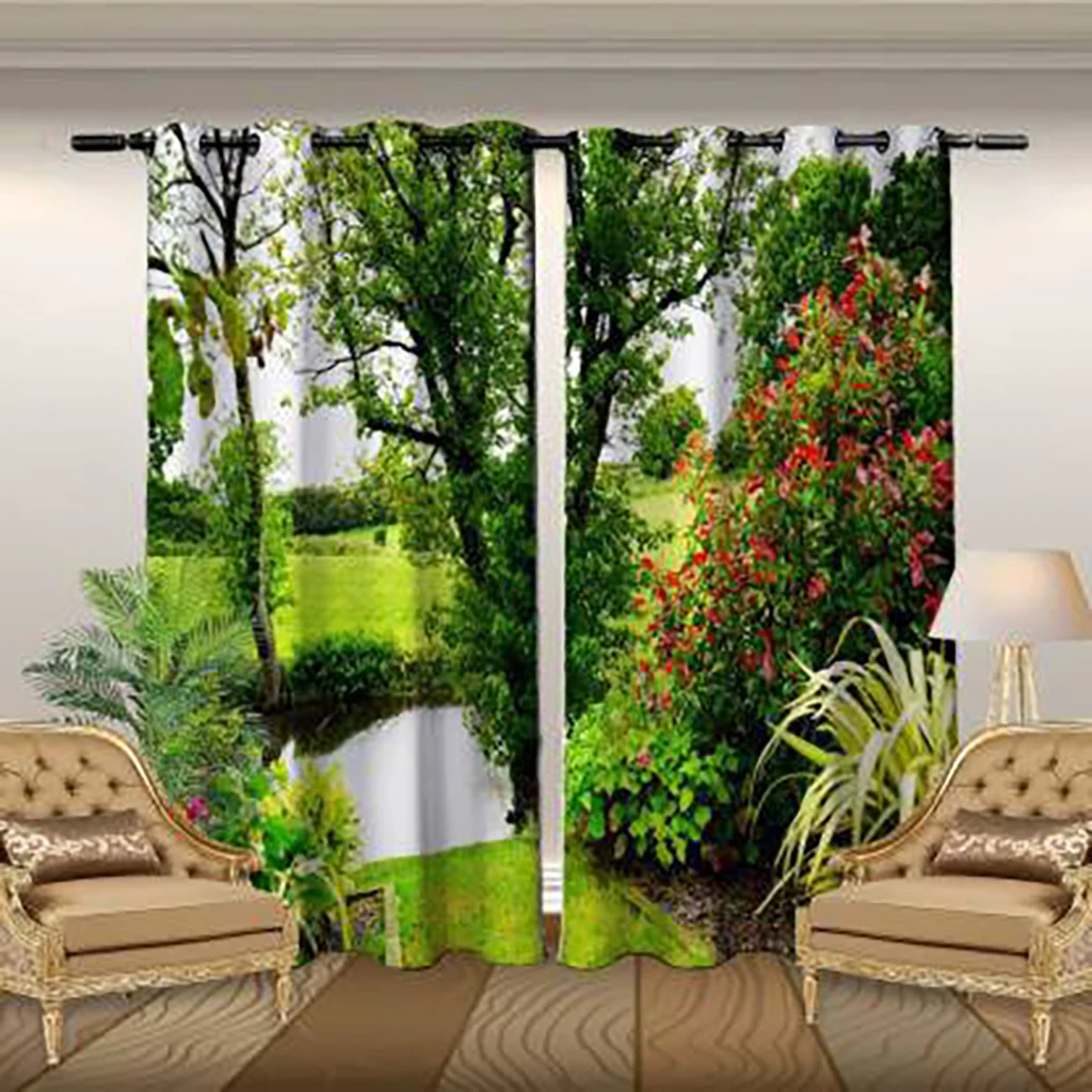 3D Print Polyester Curtain for Living Room and Bedroom Decor, Back Garden, Family Yard, Natural Scenery, Thin Shading, Hooks, 2