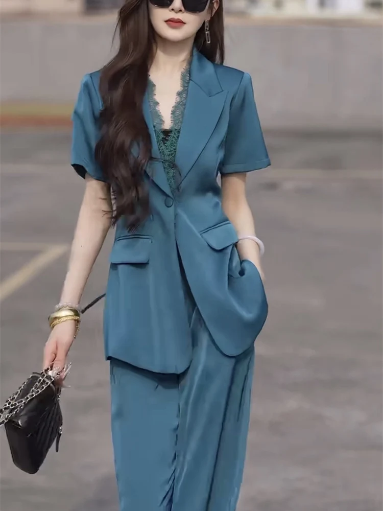 High end luz luxo moda temperamento terno conjunto para o verão 2025 novo laço retalhos backcoat calças de perna larga