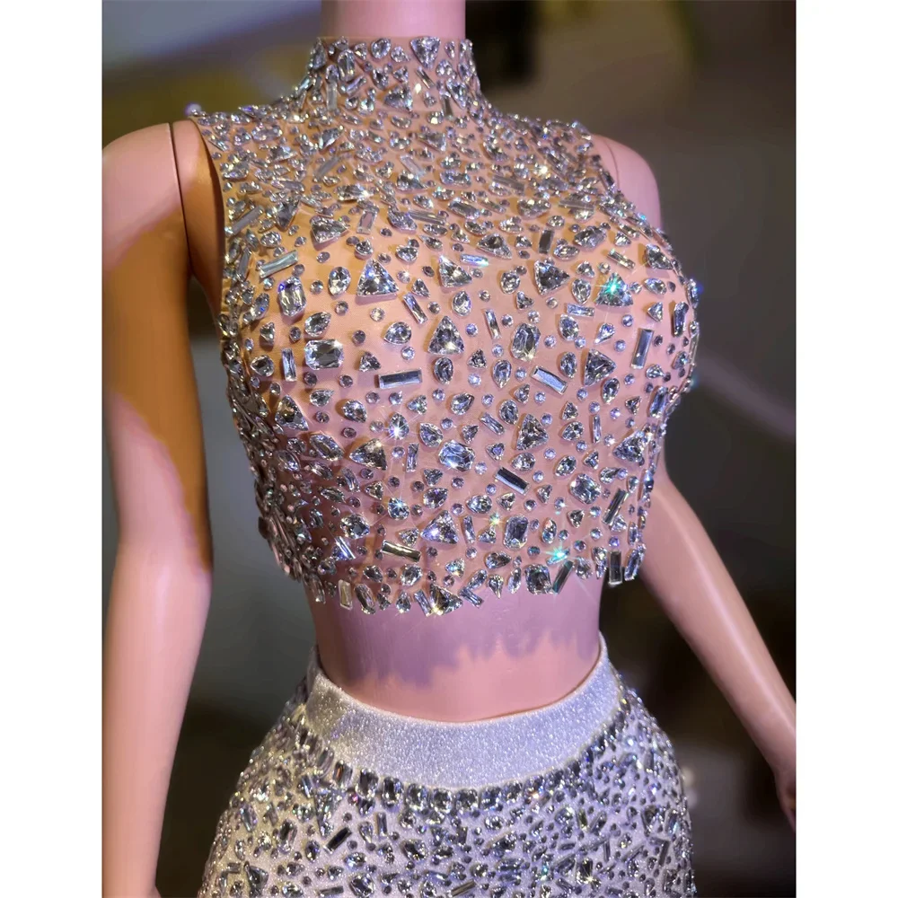 Sexy Backless Shiny Rhinestones Luxurious Birthday Party 2 Piece Set Women Chains Top Mini Skirt Outfit Nightclub Stage Costume