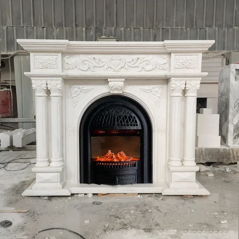 

Marble White Marble Material Heating Nordic French Double Column Carved Fireplace Cabinet Decoration