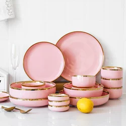 Pink Ceramic Dinner Plates Soup Bowl Tableware Phnom Penh Rice Soup Bowl Dish Household Combination Kitchen Dinnerware