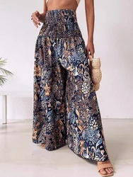 Boho Floral Print Shirred High Waist Wide Leg Pants Women 2024 Temperament Elastic High Waist Swing Long Y2k Trousers Streetwear