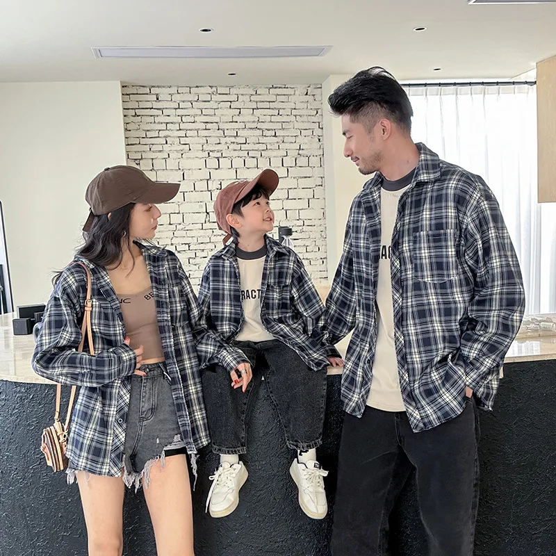 Dad Mom And Son Daughter Equal Shirts For The Whole Family Clothes 2023 Men Baby Boys Plaid Top Women Girls Long Sleeve Blouse