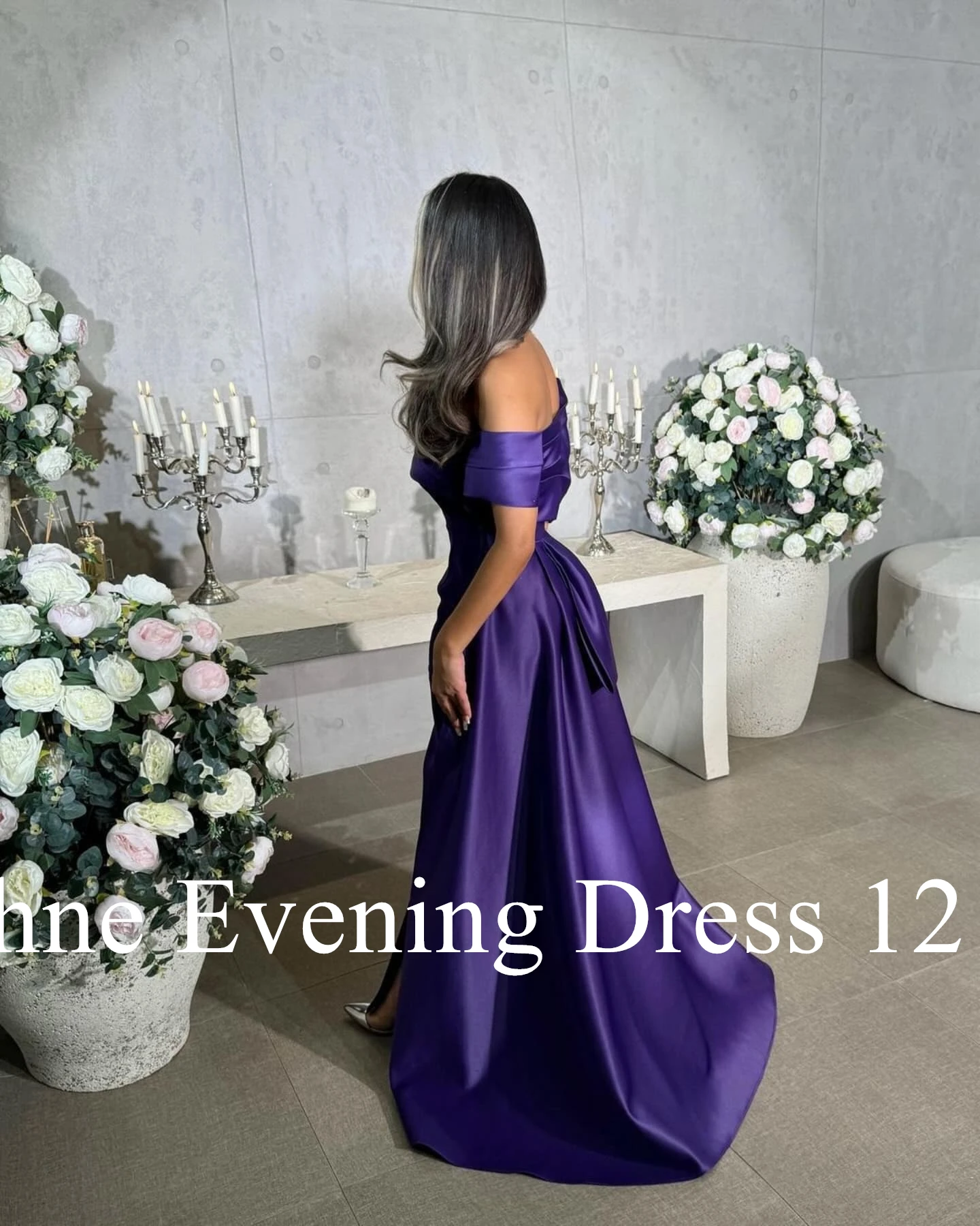 Vestido De noche moderno personalizado sin tirantes con hombros descubiertos, elegante Vestido De fiesta De manga corta con Panel y pliegues, color morado