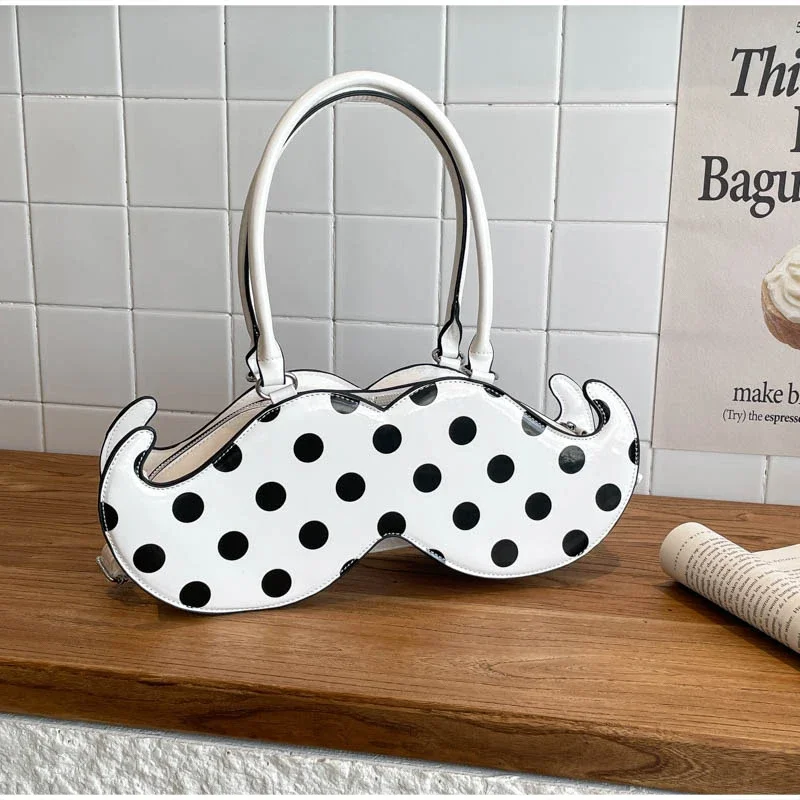 Mustache Shape Polka Dot Hobo Schultertasche, süße, niedliche, ausgefallene, kreative Handtasche für Damen, leichte Alltagstasche im Nischendesign – Detail 12