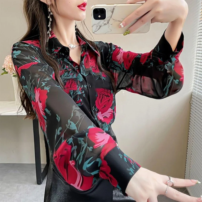 Spring Summer New Turn Down Collar Floral Print Shirt Ladies Lantern Long Sleeve Cardigans Top Women Loose Casual Fashion Blouse