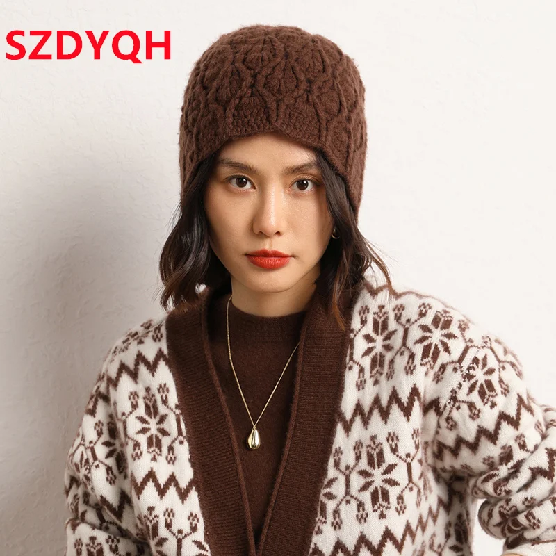 2023 Autumn Winter New Women Hats 100% Pure Cashmere Knitted Headgears Soft Warm Fashion Thick Cap 3 Colors High Quanlity