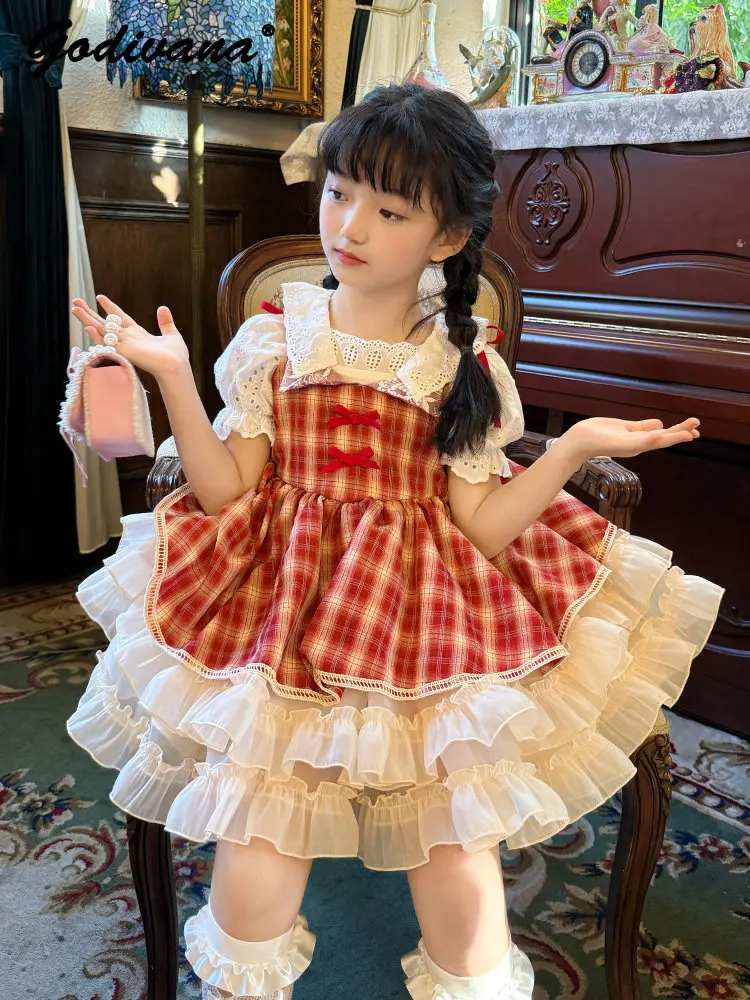 Kids Birthday Party Lolita Slip Dress 2026 New Summer Girls Red Plaid Bow Lace Trim Mesh Ruffle Hem Dress Puff Sleeve Blouse Set