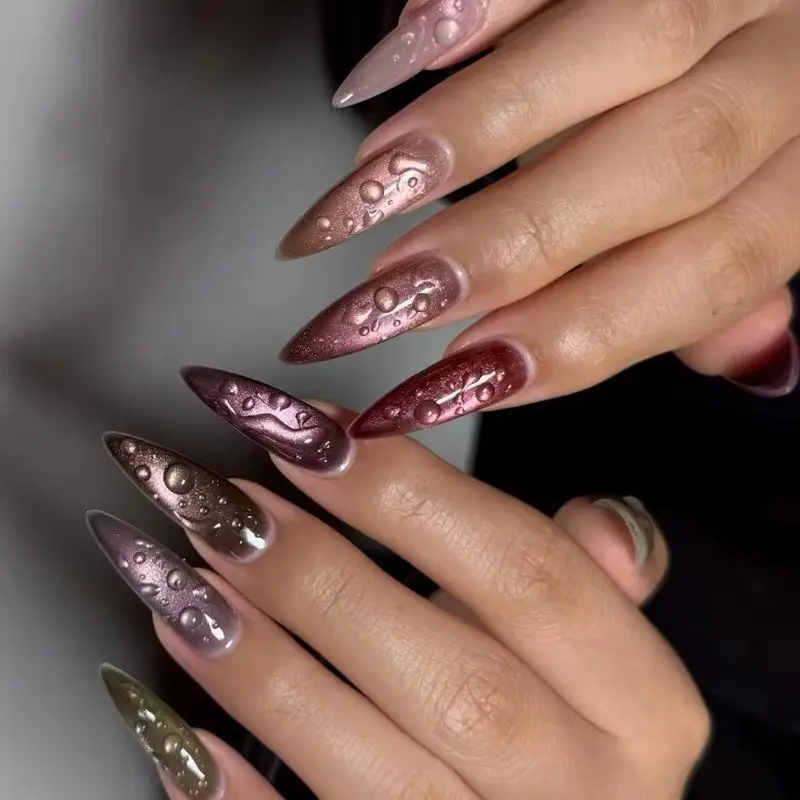 24 Stück glänzende Tautropfen-Mandel-Nägel zum Aufdrücken, dunkelviolett, Katzenauge, Stiletto, funkelnde künstliche Nägel für heiße Mädchen, süßer, cooler, schicker Nagel